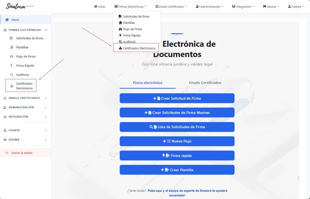 Menú de navegación de Sinatura con la opción Certificados digitales resaltada