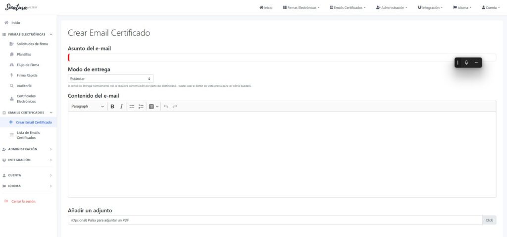 Formulario Crear Email Certificado en Sinatura con los campos Asunto del e-mail y Modo de entrega