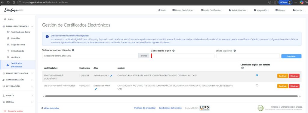 Formulario de importación de certificado digital en Sinatura con los campos Certificado, Contraseña y Alias