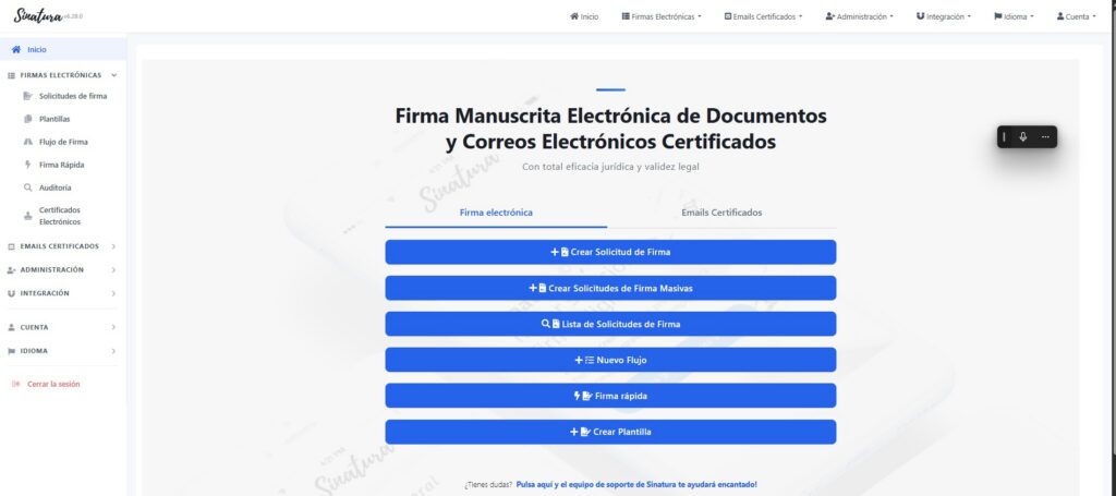 Menú lateral de Sinatura con la opción Crear Email Certificado en la sección Emails Certificados