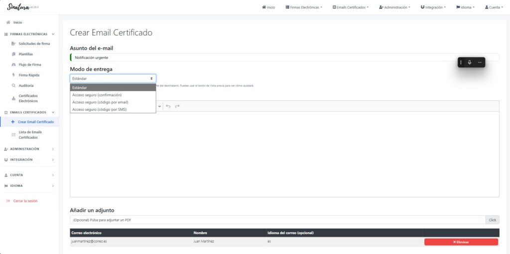 Selector Modo de entrega en Sinatura con las cuatro opciones: Estándar, Acceso seguro (confirmación), Acceso seguro (código por email) y Acceso seguro (código por SMS)