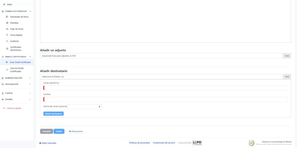 Botones Cancelar, Enviar y Vista previa en el formulario de creación de email certificado
