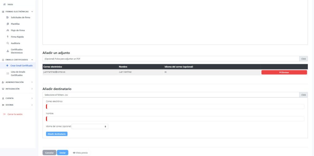Tabla de destinatarios de un email certificado en Sinatura con un destinatario añadido y botón Eliminar