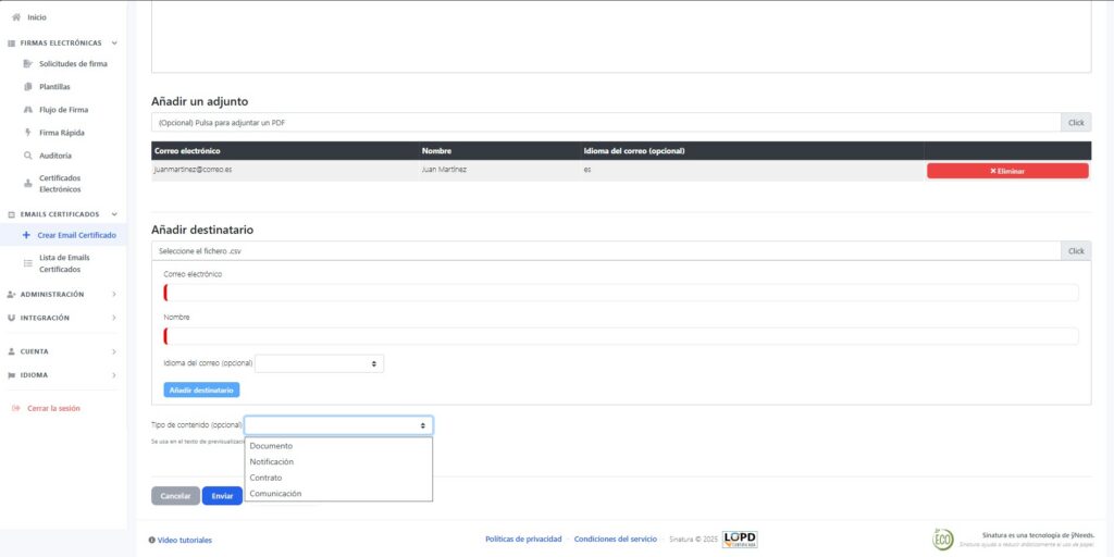 Selector Tipo de contenido desplegado mostrando las opciones Documento, Notificación, Contrato y Comunicación