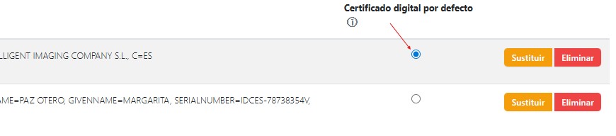Tabla de certificados en Sinatura con el botón de certificado por defecto seleccionado