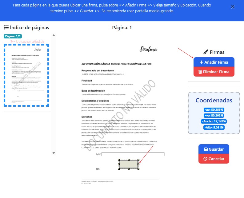 Visor de documento en Sinatura con el sello de firma digital siendo posicionado manualmente