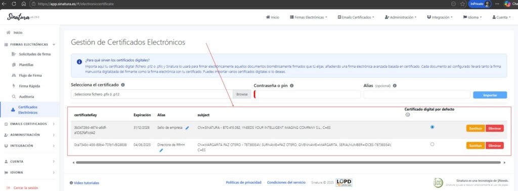 Tabla de certificados digitales importados en Sinatura con la columna Certificado digital por defecto