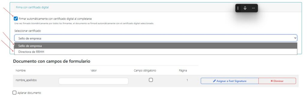 Sección Firma con certificado digital en el formulario de creación de solicitud de firma de Sinatura