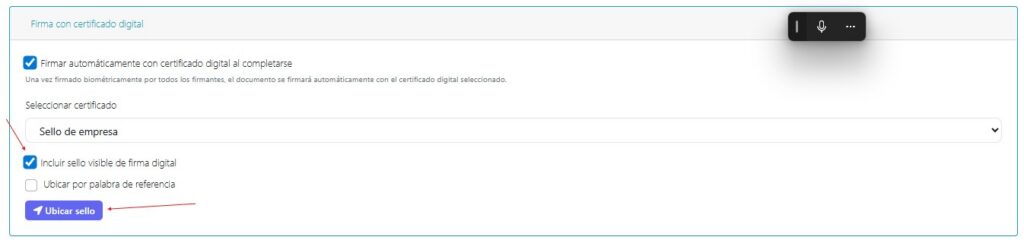 Opción Incluir sello visible de firma digital activada en la configuración de autofirma de Sinatura